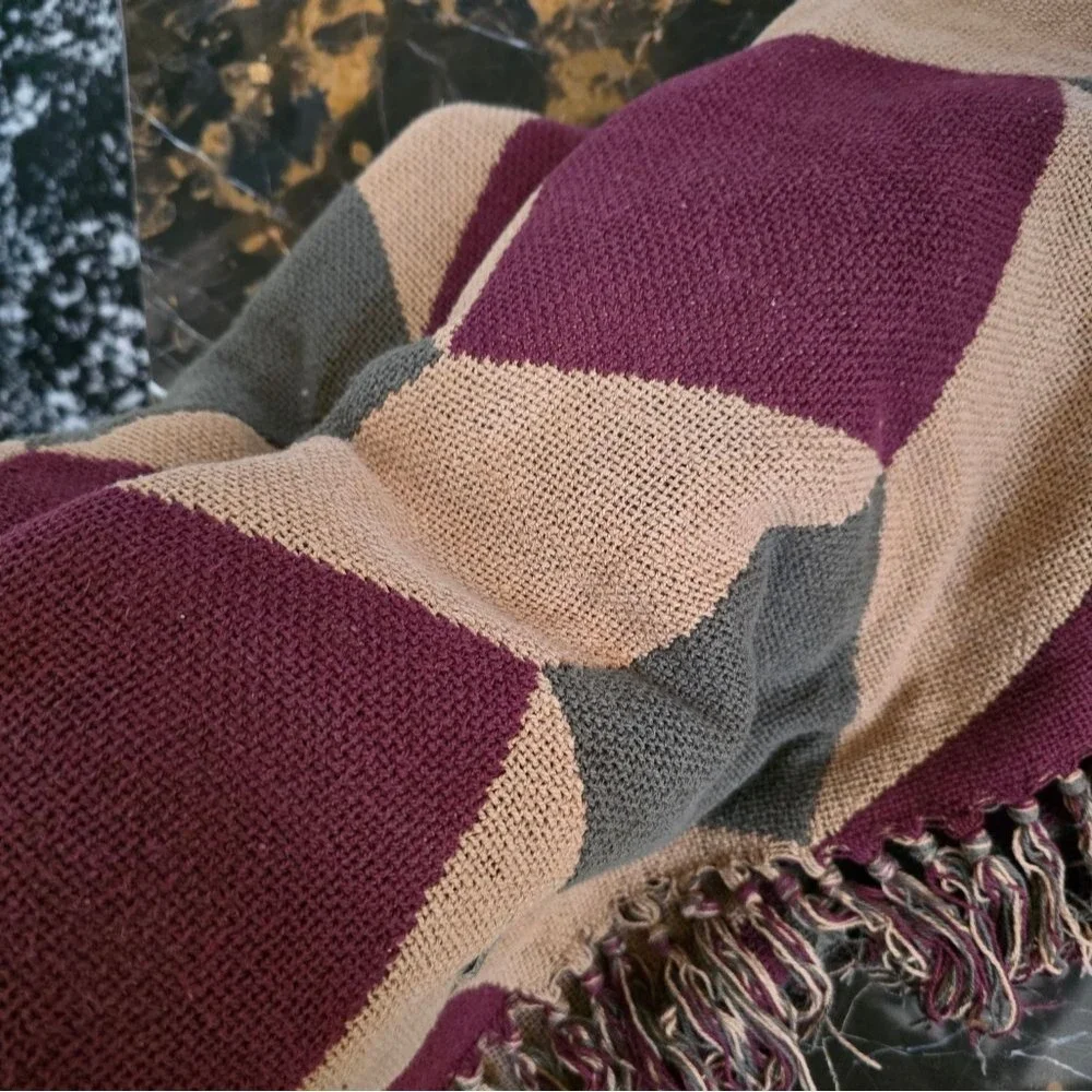 VHC, Inc Primitive Throw Burgundy Tan Vasarely Woven Blanket 64x48 Fringe